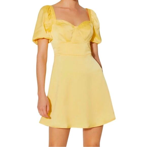Something New Gloria Short Puff Sleeve Yellow Satin Mini Dress Medium NWT - Picture 1 of 13